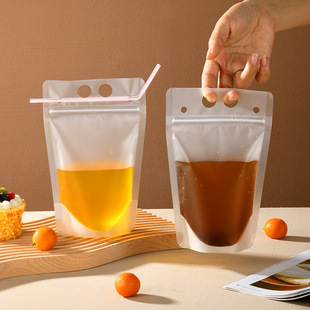 Wholesale portable beverage packaging self-standing bag disposable frosted liquid juice self-sealing hot and cold beverage bag