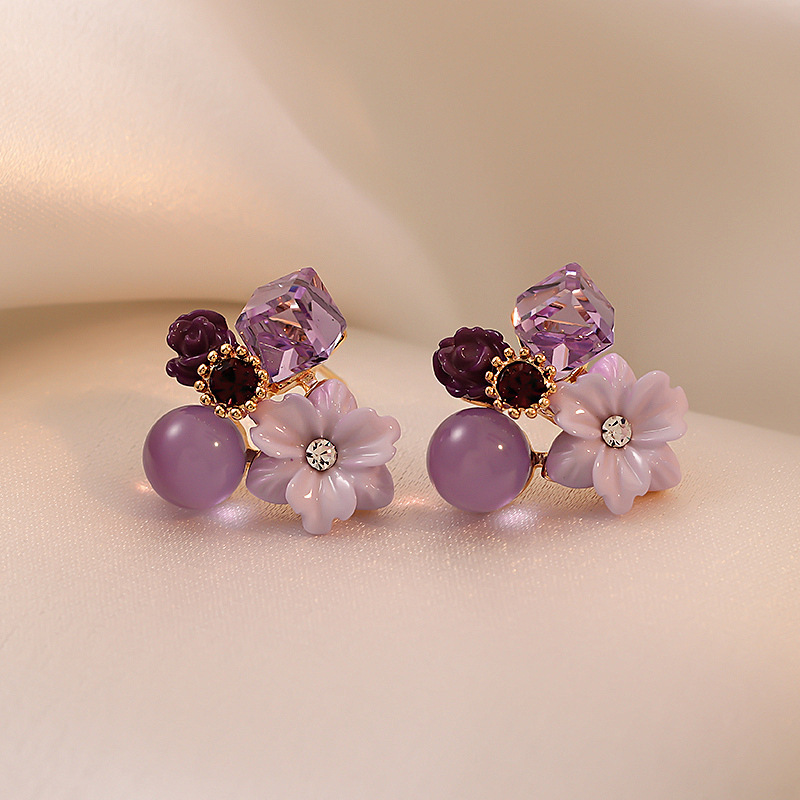 Vacaciones viento púrpura aguja de plata plegada redonda chiffon flor borda pendientes temperamento pendientes lujosos de alta calidad pendientes image 14