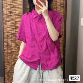 2026夏季新品文艺百搭宽松休闲翻领短袖亚麻衬衫女式小衫