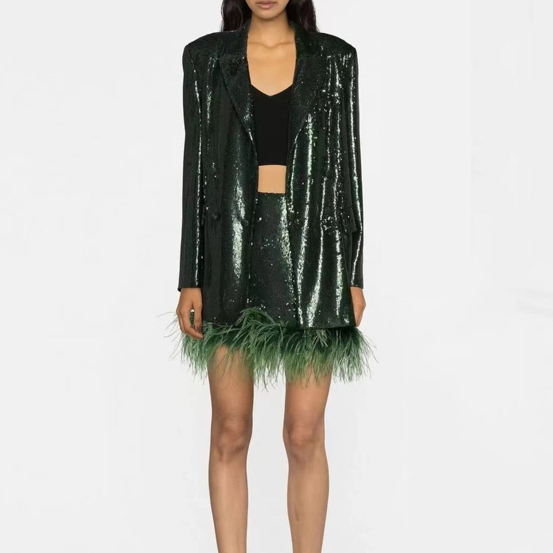 Dark Green Sequin Dress Set Feather Stitching Temperament Dress Dress Cross-border European and American Party Fashion Two-piece Women's Dress
