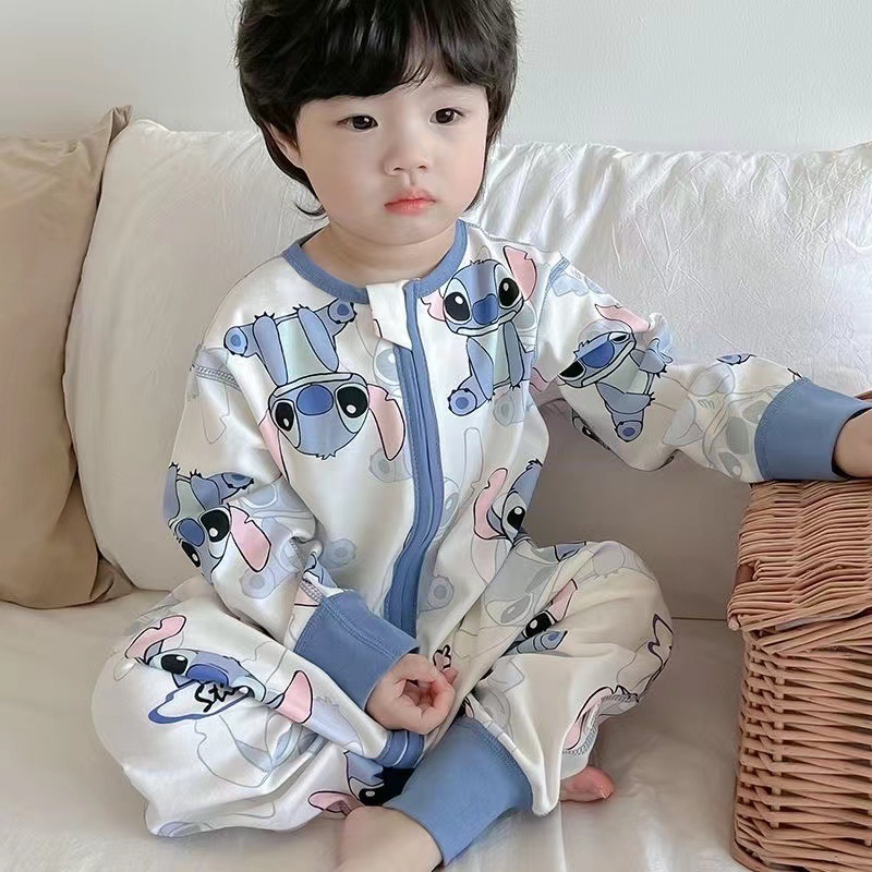 Spring and Autumn Boys' Cartoon Home Clothes Autumn and Winter Velvet Long-sleeved Warm Pajamas Baby Girl's Zipper Sleeping Bag Jumpsuit