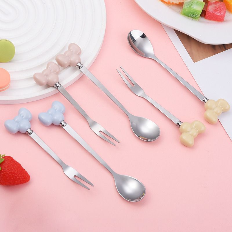 Creative Imitation Porcelain Bow Handle Stainless Steel Fruit Fork Portable Dessert Spoon Coffee Stirring Spoon Home Cute