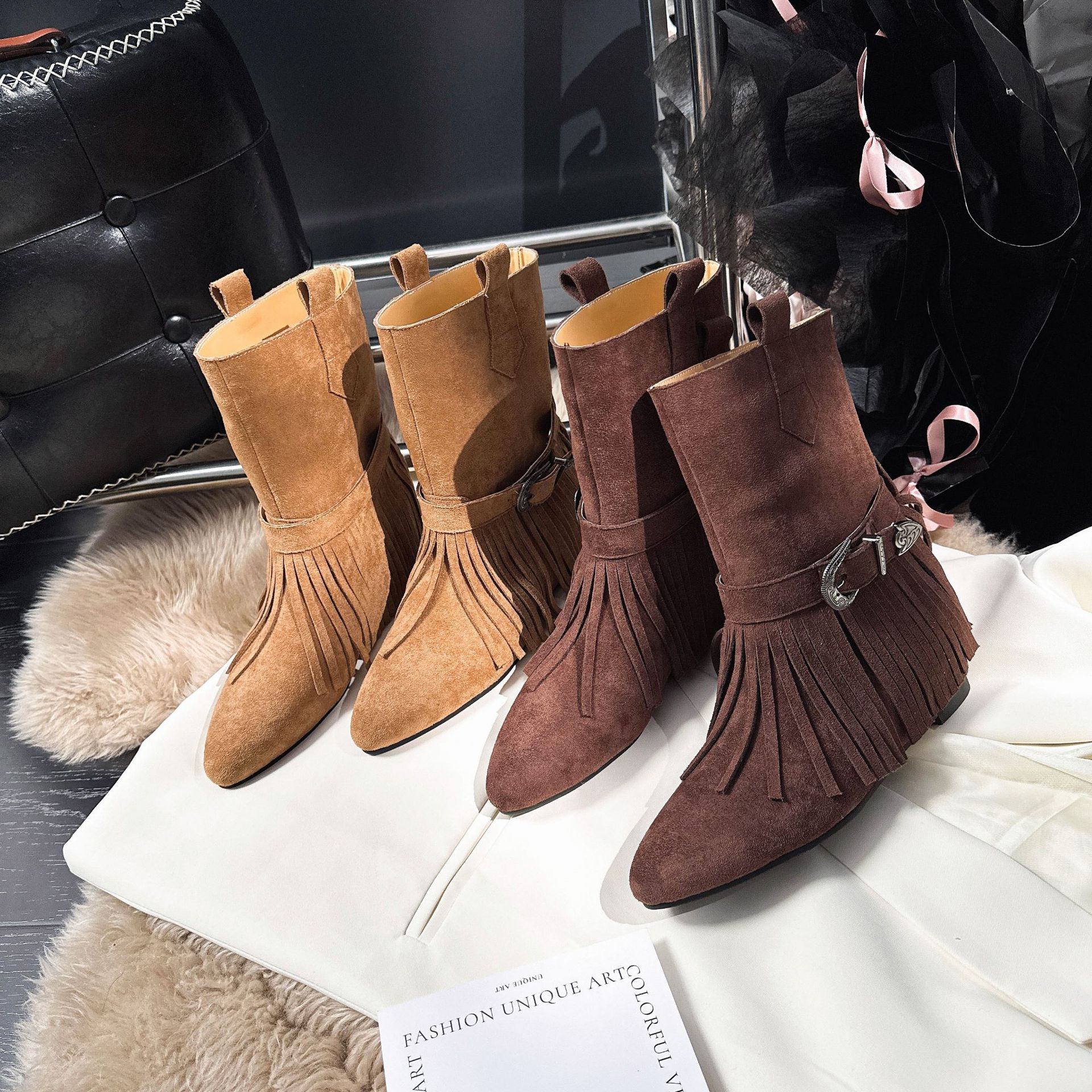 Botines Vaqueros para Mujer con Aumento de 5 cm, Terciopelo, Antideslizante, para Otoño e Invierno