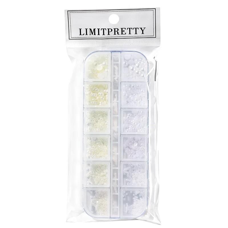 Joyería de uñas perla mixta semicírculo plano beige 12 rejilla en caja tamaño destacado redondo accesorios de uñas material