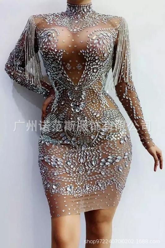 Cantante femenina MC modelo Dj adelgazar malla rhinestone borla falda de la cadera vestido ropa del funcionamiento etapa para las mujeres