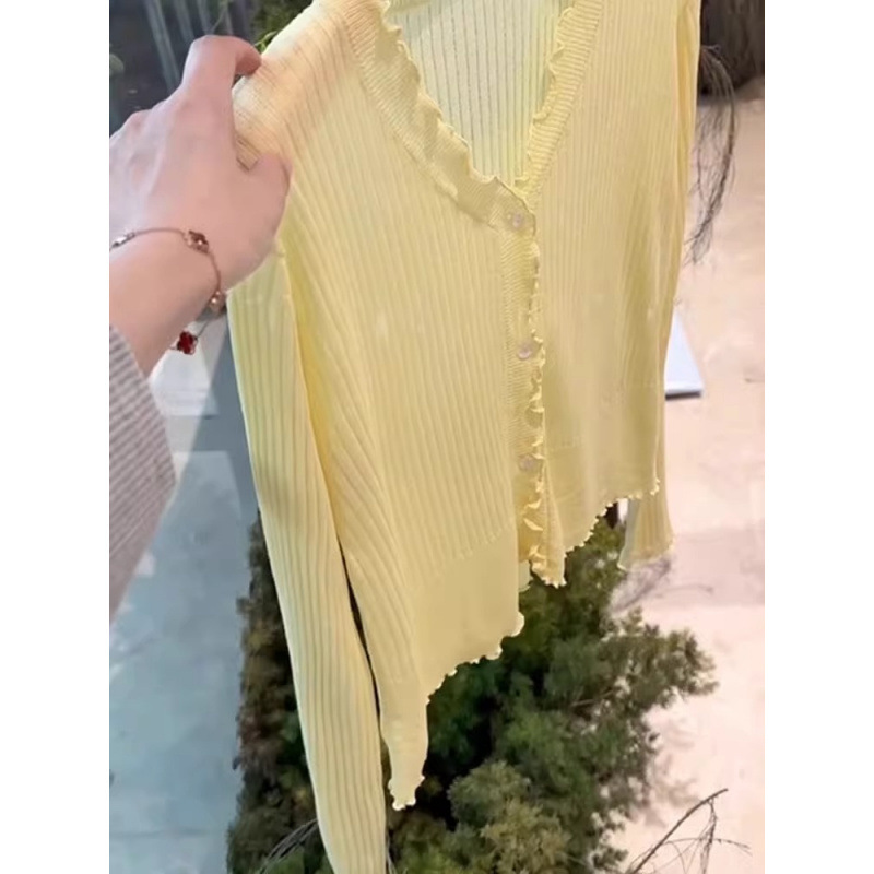 木耳边v领针织开衫上衣女夏小个子短款防晒小披肩薄纱外搭空调衫|undefined