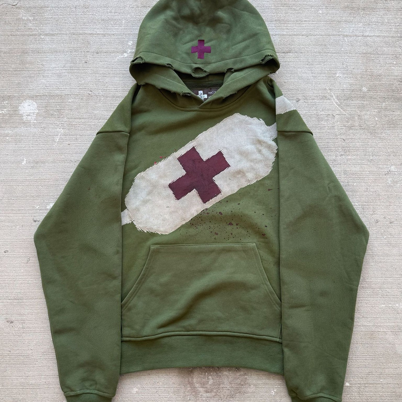 American retro ripped distressed hoodie with hat brim bandage and cross print, high street grunge olive green hoodie