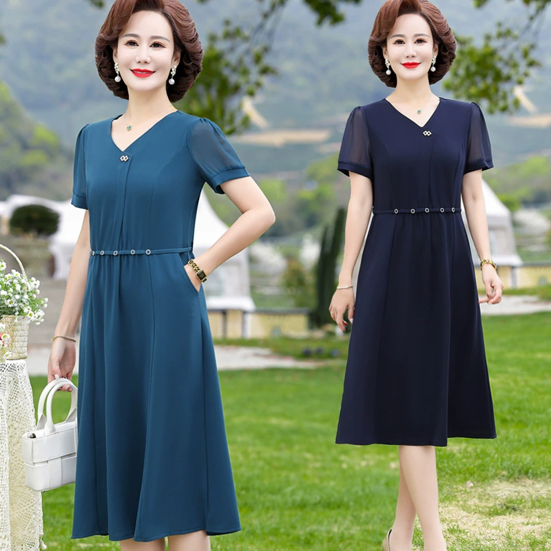 Модное летнее платье для мамы, новое стильное платье с короткими рукавами, летняя благородная элегантная шифоновая юбка для женщин среднего и пожилого возраста