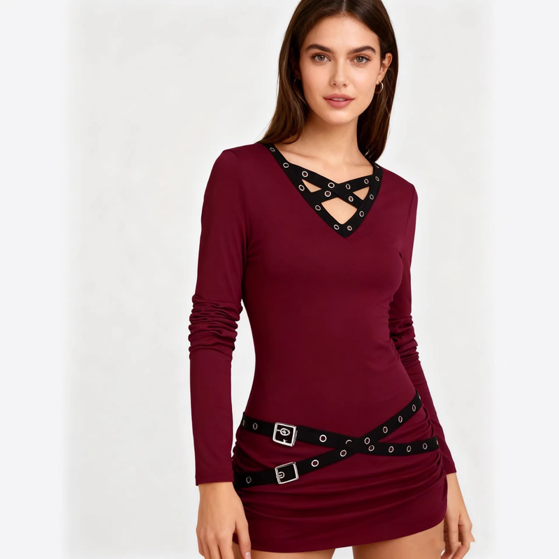 2026 European and American New Women's Fashion Cross-Border Foreign Trade Amazon Elegant Casual T-Shirt with Metal Eyelets and Webbing V-Neck Long Sleeves