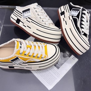 Spring 2025 New Thick Sole Height Increasing Niche Design Casual Canvas Shoes Women's All-match Fashionable Trendy Shoes Sneakers Shoes Single-layer Shoes