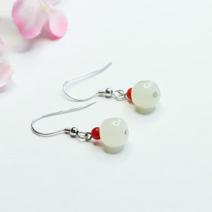 Juyu S925 Silver Natural Hotan Jade Lulutong Ear Hook White Jade Barrel Bead Earrings Jewelry HT1032551