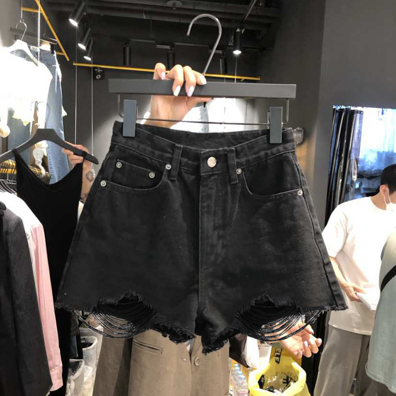 Black Ripped Denim Shorts for Women, Summer 2026 New Style, High-Waisted, Slimming, Korean Style, Fringed Wide-Leg Shorts