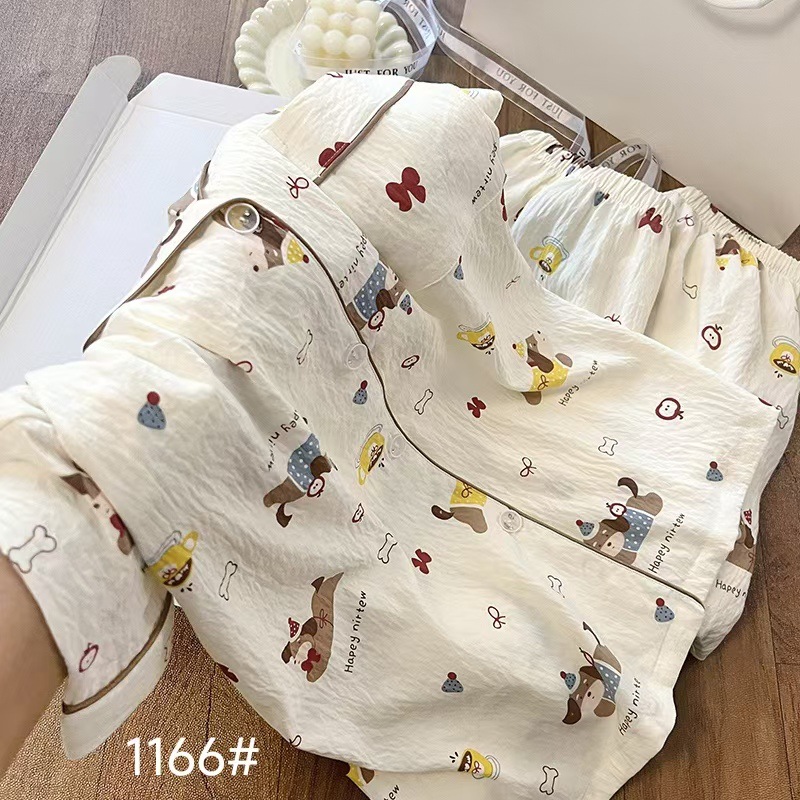 Al por mayor transfronterizo pantalones cortos de manga corta nubes pijamas de algodón de dibujos animados lindos cardigan con solapa primavera y otoño set de ropa para el hogar