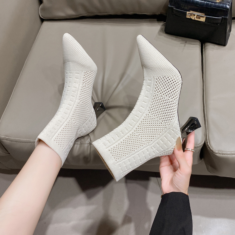 Large size new pointed socks boots women's medium tube thick heel high heels fashion outside elastic boots wool boots_voghion.com