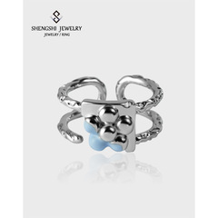 韓版戒指女設計感小眾簡約不掉色熔岩肌理滴膠花蕾甜酷風開口指環