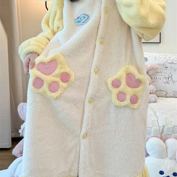秋冬季保暖连帽睡袍卡通可爱小猫咪珊瑚绒睡衣女美少女外穿家居服|undefined