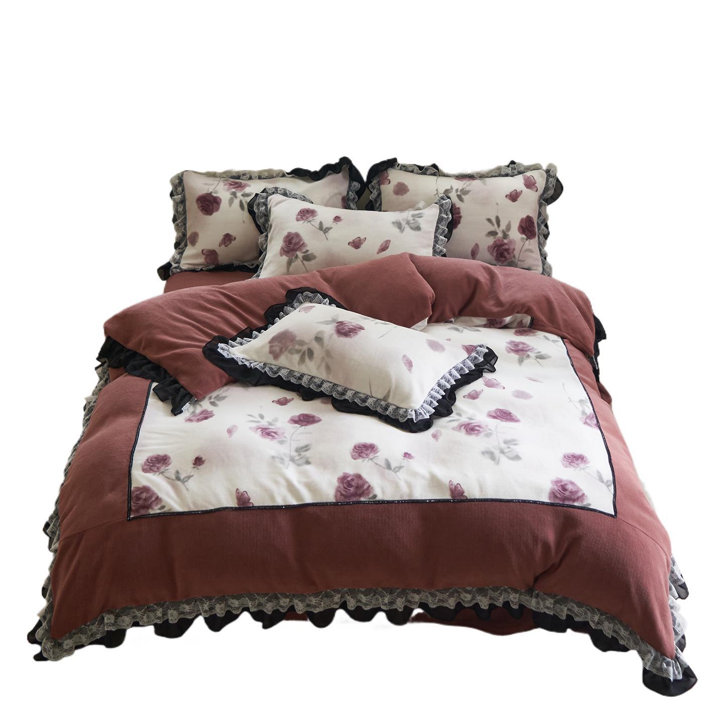 Conjunto de quatro peças em veludo de leite estilo boho vintage francês nórdico, capa de edredom princesa em flanela coral espessa, lençol, luxo leve_voghion.com