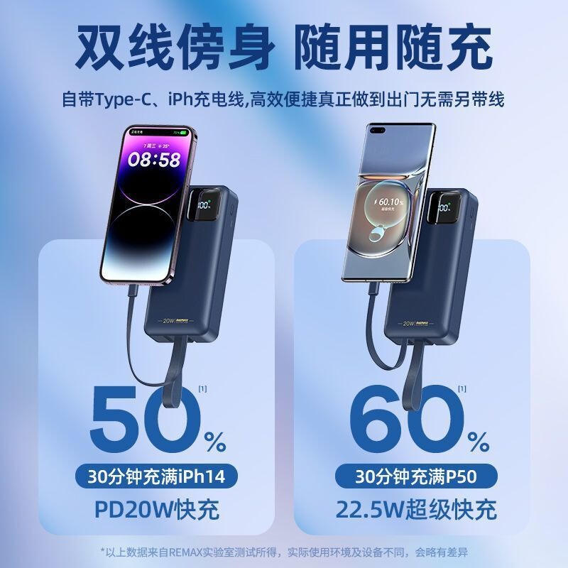 remax速捷30000毫安大容量自带线数显电量PD20W快充手机充电宝|undefined