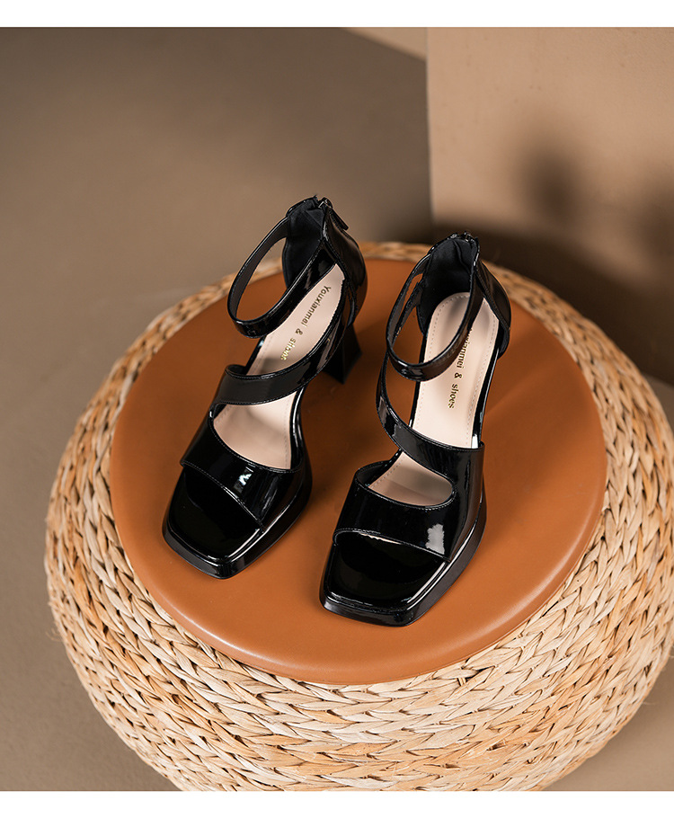 Y5718 Französische Sandalen mit Blockabsatz, wasserdichter Plateausohle, Reißverschluss hinten, sexy offene Zehenpartie, Lackleder_voghion.com