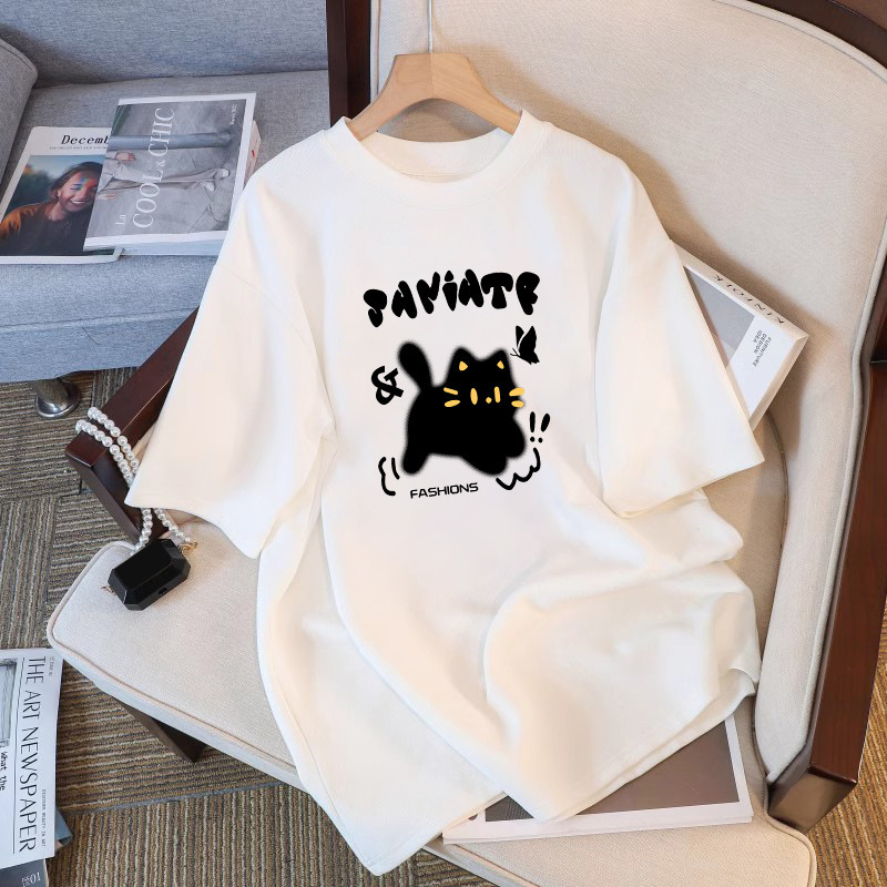 胖mm大码2025夏季可爱宽松短袖T恤女纯棉美式卡通印花打底衫上衣