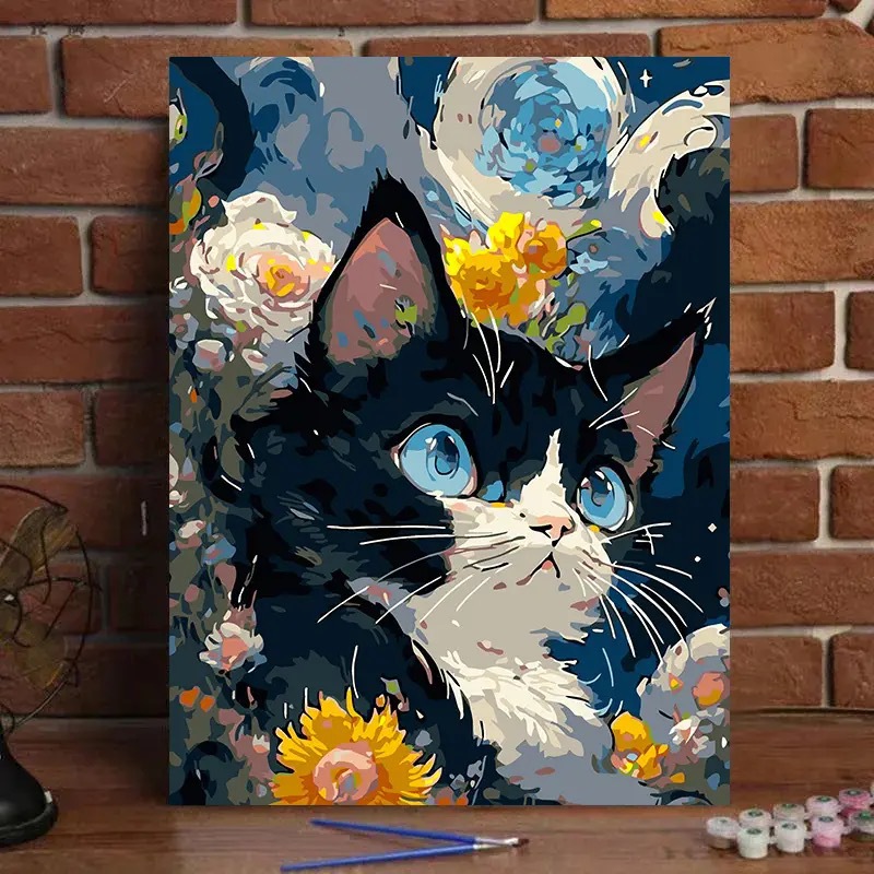 Digital Oil Painting diy Van Gogh Starry Sky Cat Cute Coloring Handmade World Famous Painting High-grade Light Luxury Decorative Painting