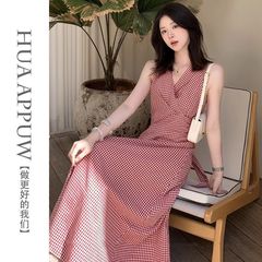 画朴法式通勤无袖格子连衣裙女装2025夏季新款系带设计感收腰长裙