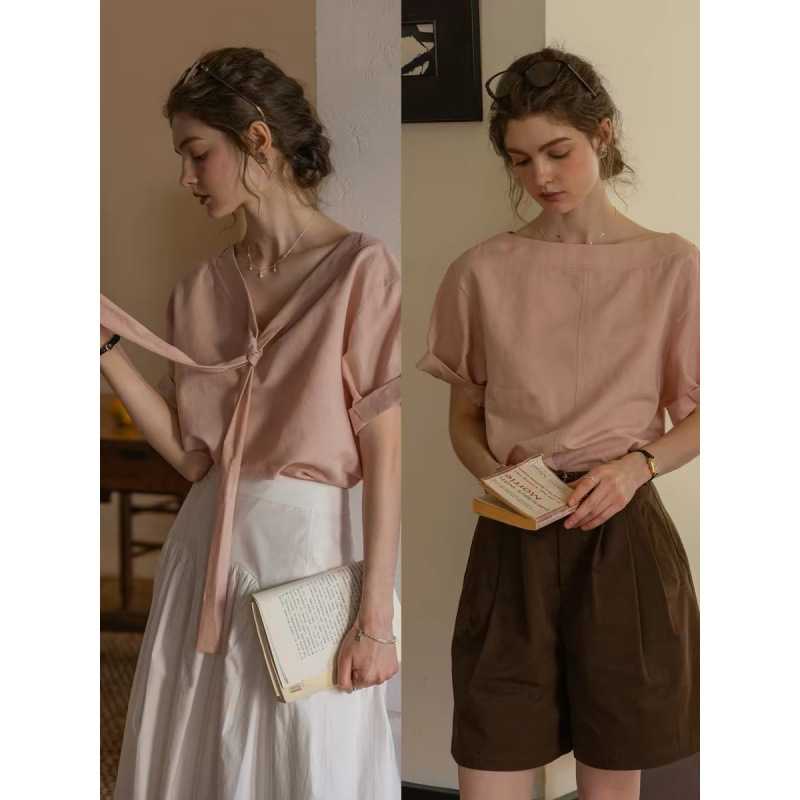 "Like the Wind, There Is a Message" Linen Lyocell Exquisite Casual Boat Neck Tie-Up Top, Reversible Short-Sleeve Blouse "Like the Wind, There Is a Message" Linen Lyocell Exquisite Casual Boat Neck Tie-Up Top, Reversible Short-Sleeve Blouse