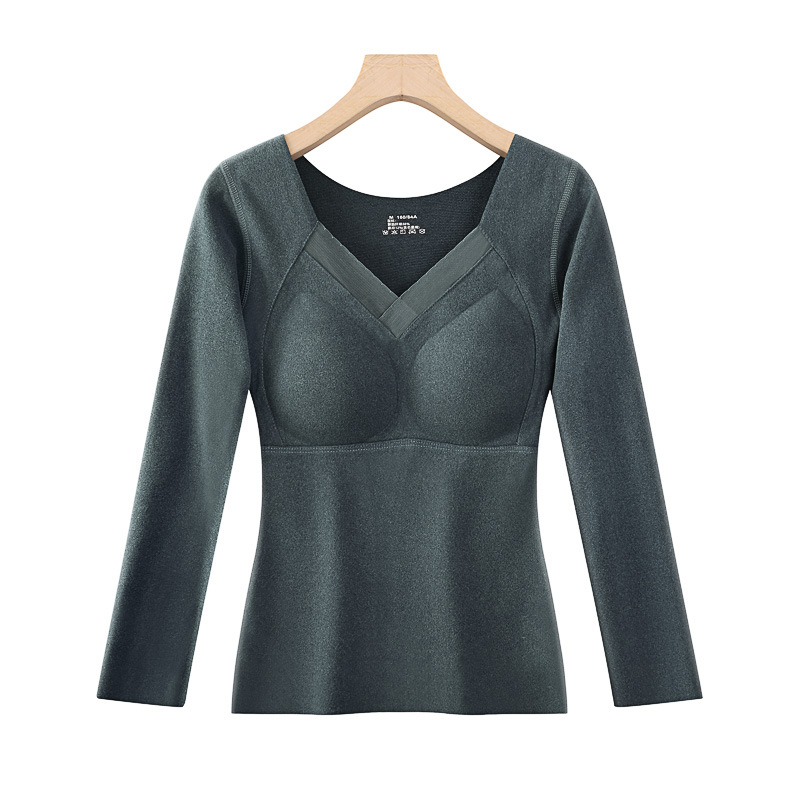Nuevo top autocalentable de terciopelo alemán de doble cara sin costuras, taza fija, cintura gruesa, ropa de otoño de manga larga, camisa de fondo cálida para mujer