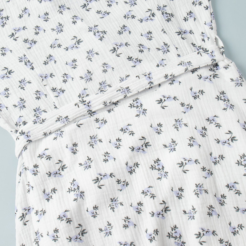 Đầm liền cotton in hoa cổ chữ V tay bồng buộc dây lưng cao — Hoa oải hương, Hoa tulip màu hồng, Màu be, Màu hồng chi tiết 16