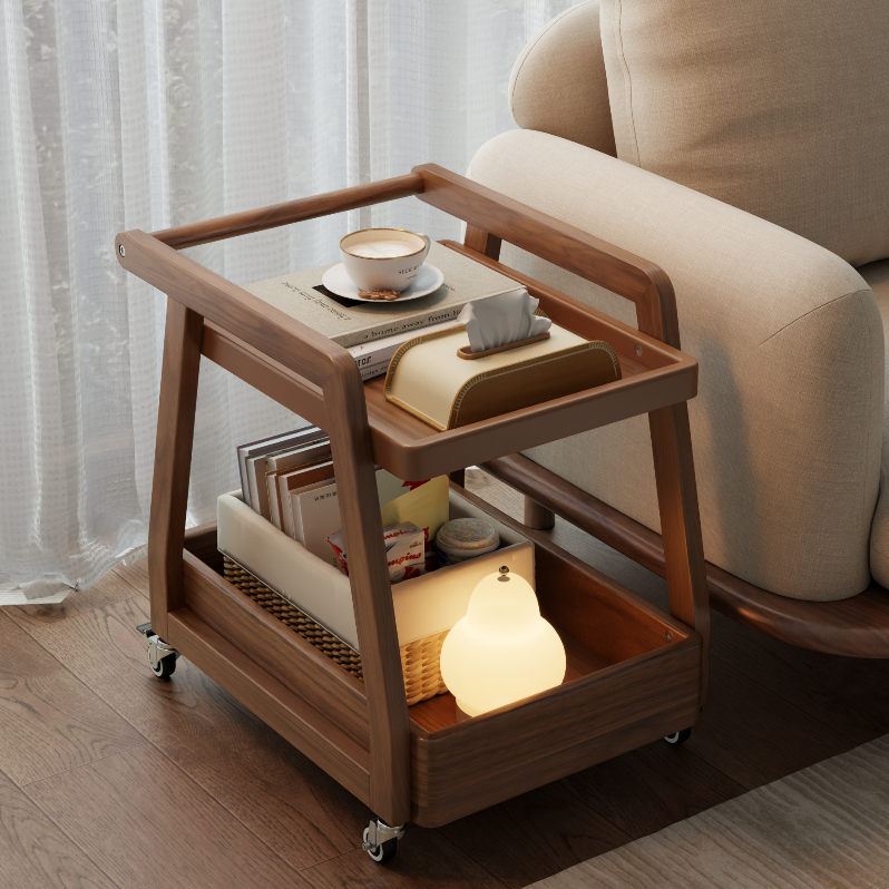 Solid Wood Fashionable Sofa Side Table Removable Coffee Table with Wheels Sofa Side Table Bedside Table Living Room Snack Trolley