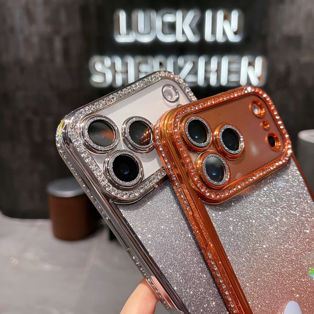 Adatto per iPhone 17 Pro Max con bordi quadrati impreziositi da diamanti, custodia glitterata sfumata per 16 Pro, 14/13, chiaro_voghion.com