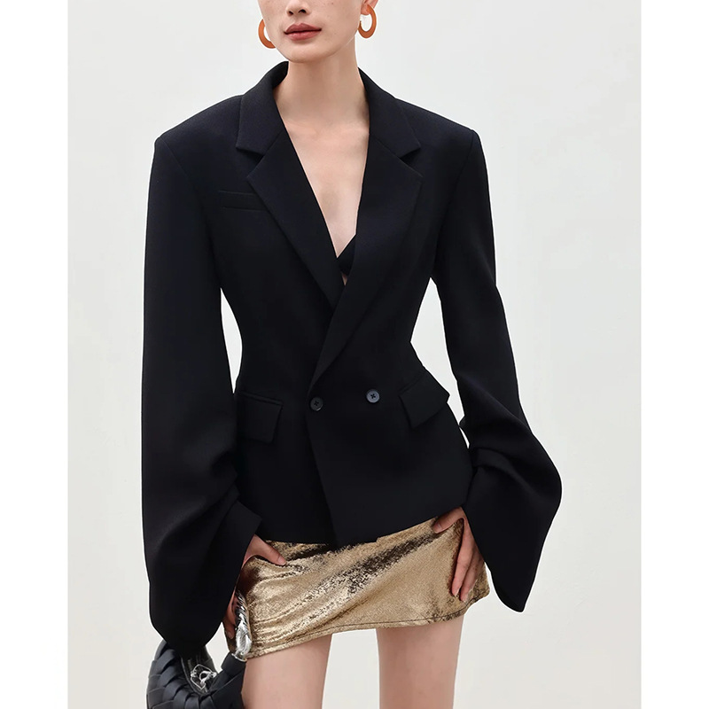 Vintage-Style Flat Lapel Waist-Cinching French Commuter Slim-Fit Petite Tailored Pleated Long-Sleeve Blazer