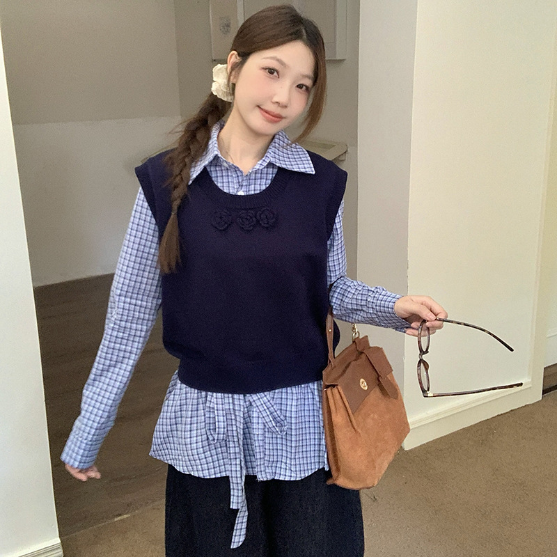 学院风蓝色格子衬衫女2025新款小众别致上衣春秋季衬衣马甲两件套|undefined