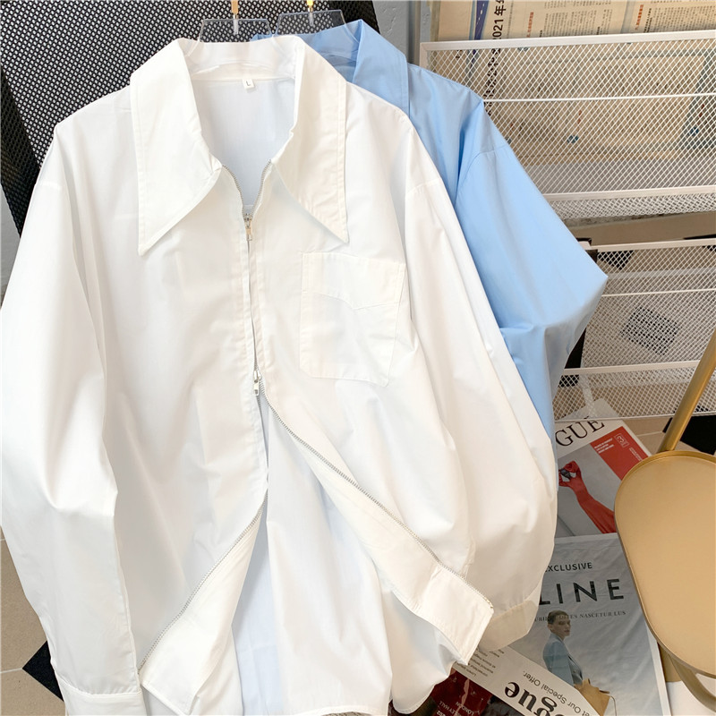 Retro design white autumn elegant shirt with zipper