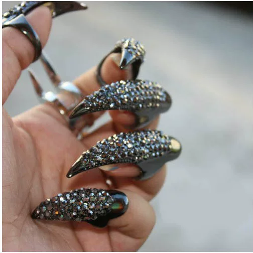 European and American Alloy Jewelry Exaggerated Long Nail Personalized Fashion Style Diamond Long Nail Cover Ring Fun Ring
