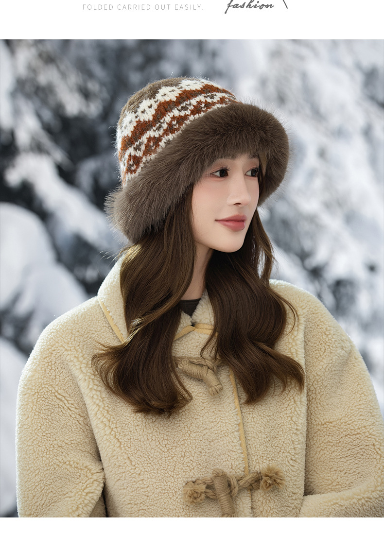 Cappello da pescatore invernale retrò in stile etnico jacquard lavorato a maglia, in pelliccia di coniglio, caldo, spesso e antifreddo_voghion.com