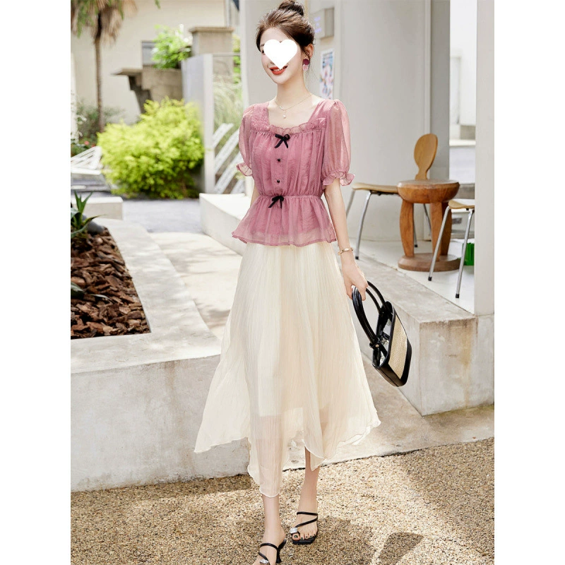 Полный комплект шифоновых костюмов для женщин летом, новый стиль, элитный, западный стиль, уменьшающий возраст, костюмы-юбки из двух частей для маленьких людей.