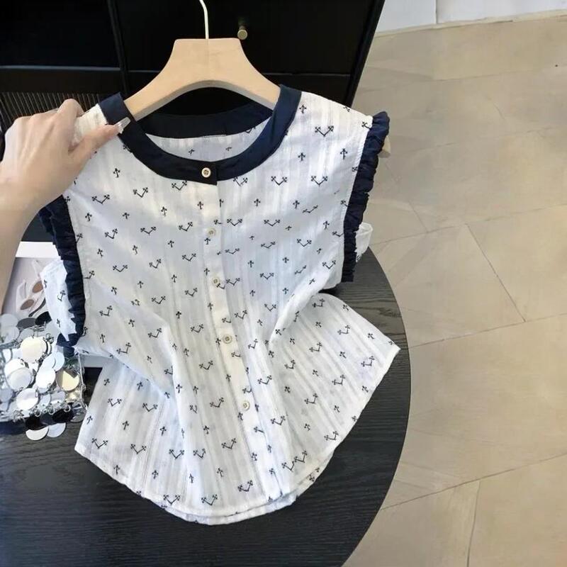 Korean-Style High-End Pure Cotton Round-Neck Ruffled Sleeveless Shirt for Women, Summer Sweet and Youthful Design Tank Top Korean-Style High-End Pure Cotton Round-Neck Ruffled Sleeveless Shirt for Women, Summer Sweet and Youthful Design Tank Top