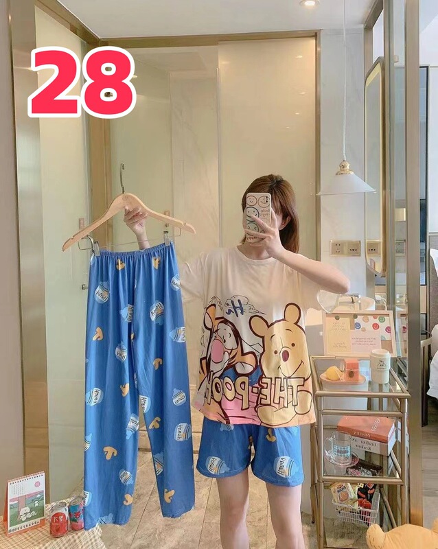 睡衣女夏季新款卡通三件套可爱简约休闲圆领家居服套装可外穿|undefined