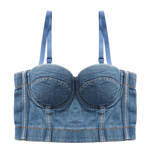 European and American denim camisole for beauties with back exposed and navel-free underwear to wear fishbone top versatile nightclub disco tube top