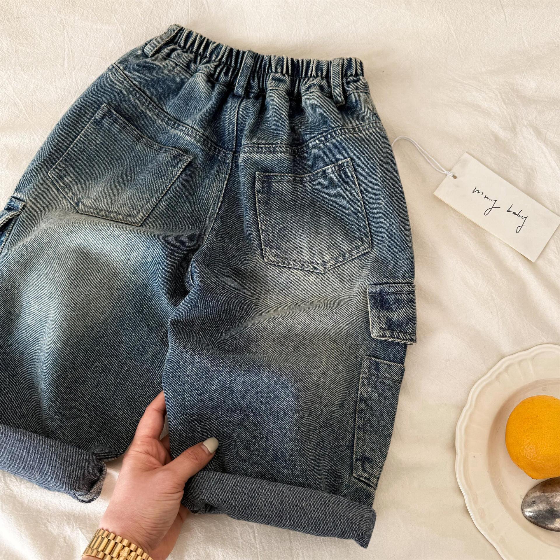 Pantalones largos infantiles primavera 2025, nuevos jeans unisex de color sólido con bolsillos, pantalones cargo rectos para bebé