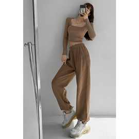 欧美风复古华夫格街拍运动裤女春秋季外穿高腰宽松抽绳束脚裤卫裤