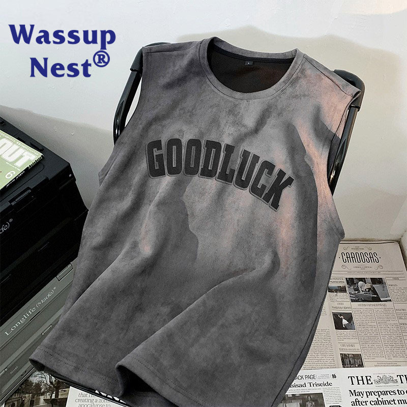 WASSUP NEST vest men's summer ice silk thin top waistcoat sleeveless American suede short sleeve T-shirt men