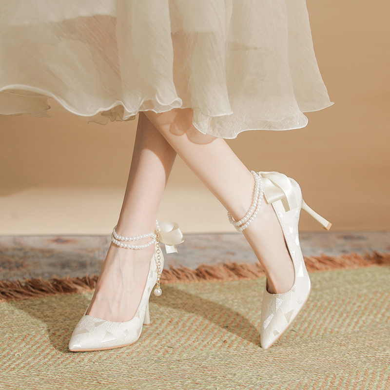 Stiletto Heel Pointed Head Pearl High Heels Triangle Pattern Commuter Work Heel Shoes Women's plus size Widened and Fat