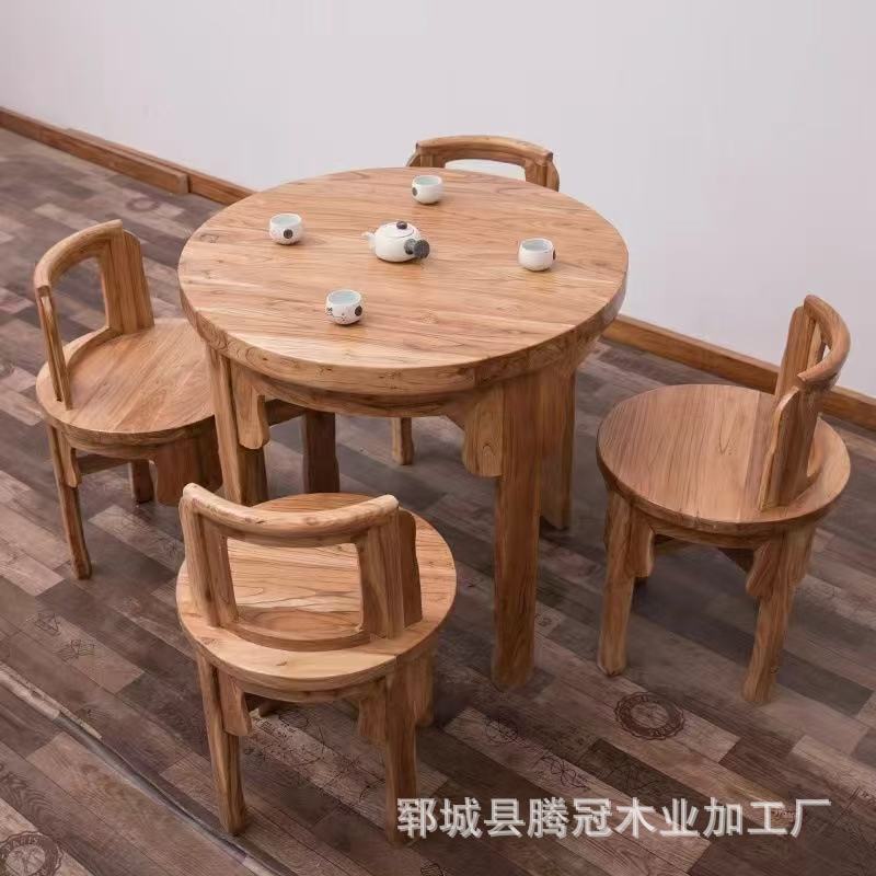 Solid Wood Round Table Old Elm Dining Table and Chair Combination Household Round Table Chinese Style Hotel Hotel Restaurant Small Apartment Complete Set