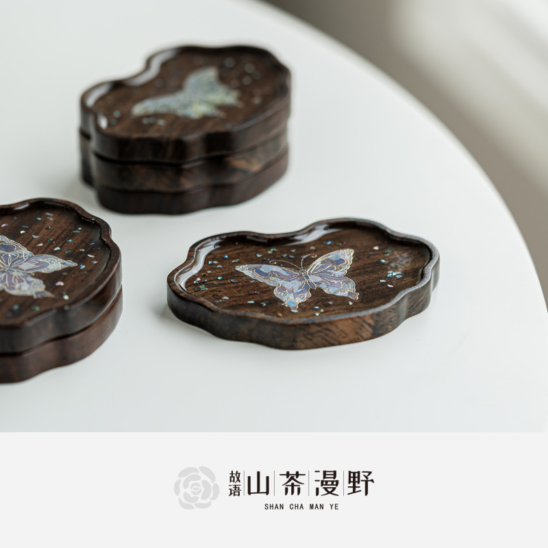 黑檀木仿螺钿蝴蝶茶杯垫新中式国潮风防烫隔热茶壶垫精致杯托茶托|undefined