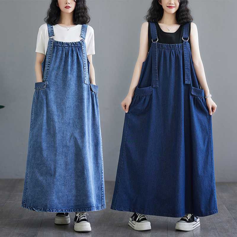 Summer retro denim long suspenders