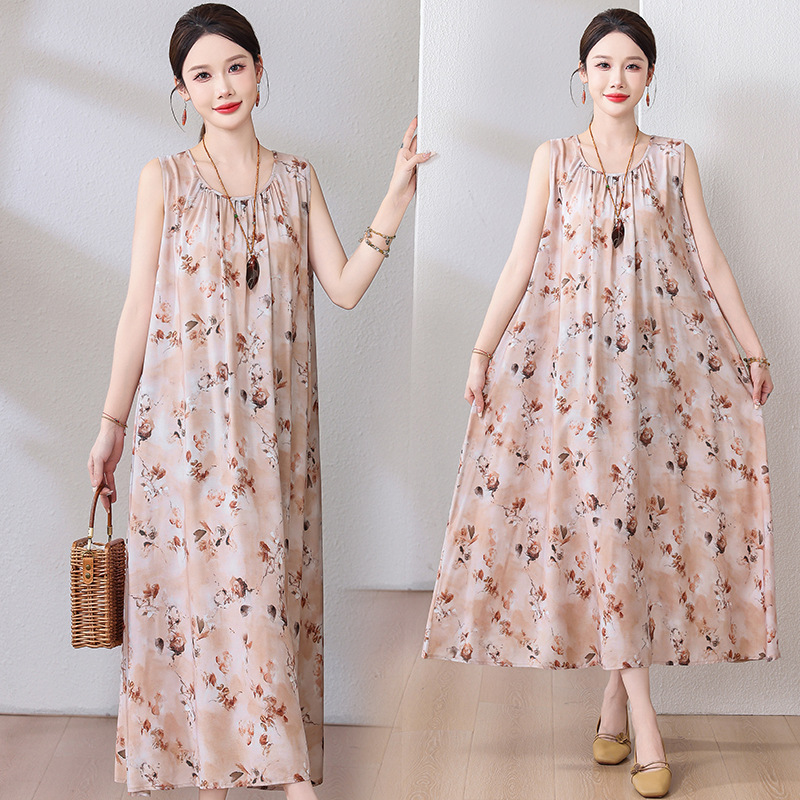 Cotton Silk Mother Summer dress Middle-aged and Elderly plus size Women's 100.00kg Loose Artificial Cotton Sleeveless New Dress