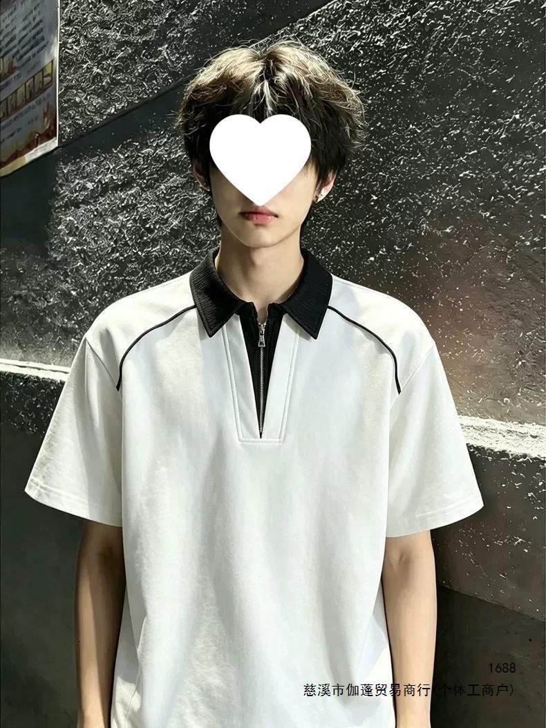 Faux two-piece short-sleeved men's polo shirt, summer design, half-zip t-shirt, American style, cleanfit, off-shoulder short sleeves.