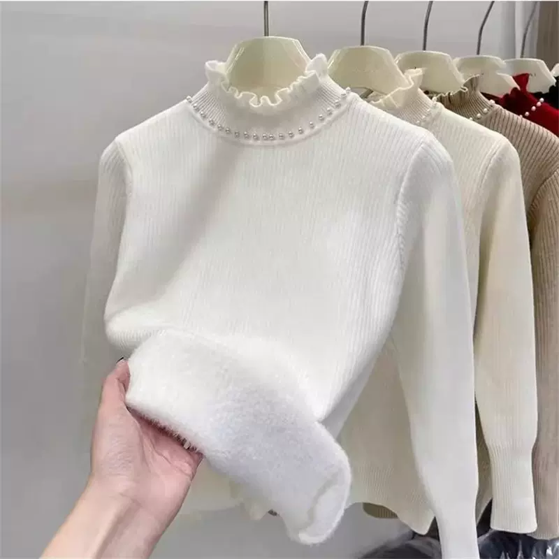 秋冬新款木耳边一体绒半高领加绒打底衫女重工钉珠针织毛衣女加厚